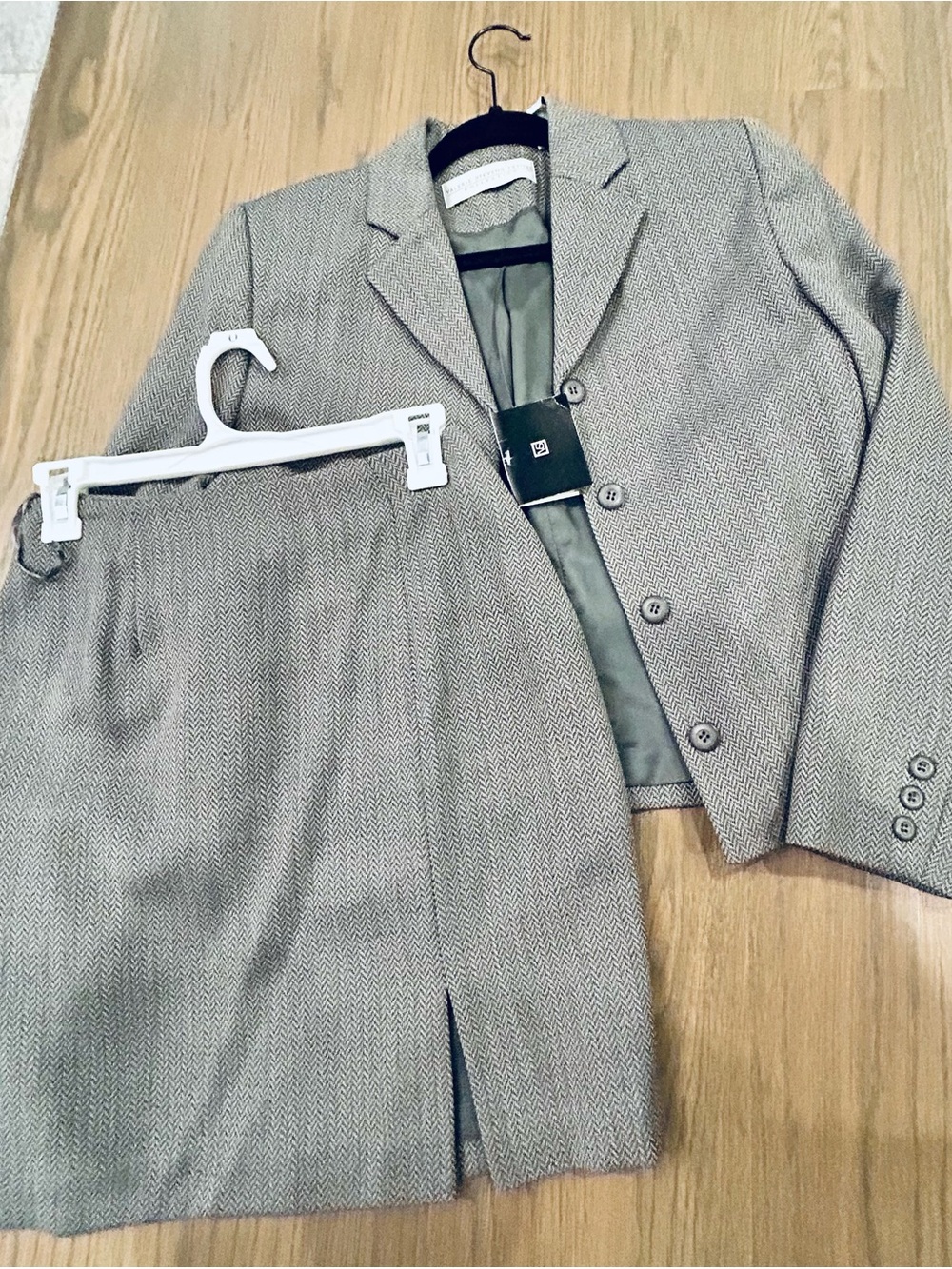 Valerie Stevens Gray Herringbone Blazer & Skirt Set